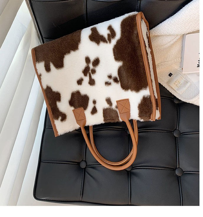 Women’s Cow Animal Print Tote Bag Brown/White, Fur Trim, Double Handles
