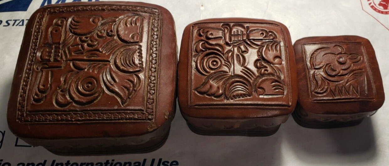 3 Exquisite Vintage Leather Tooled Nesting/Jewelry/Purse Boxes