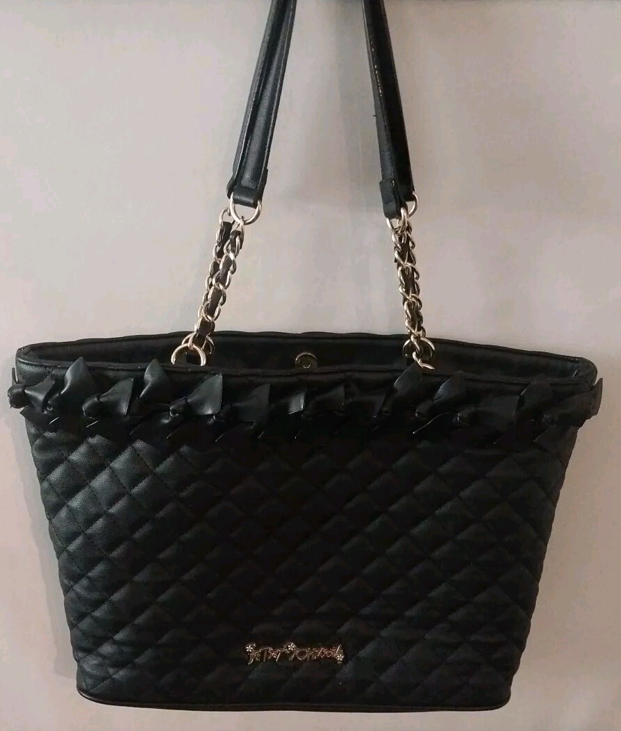 Betsey Johnson Tote Bag Black Quilted Bow Ties Flower Logo Chain Handles