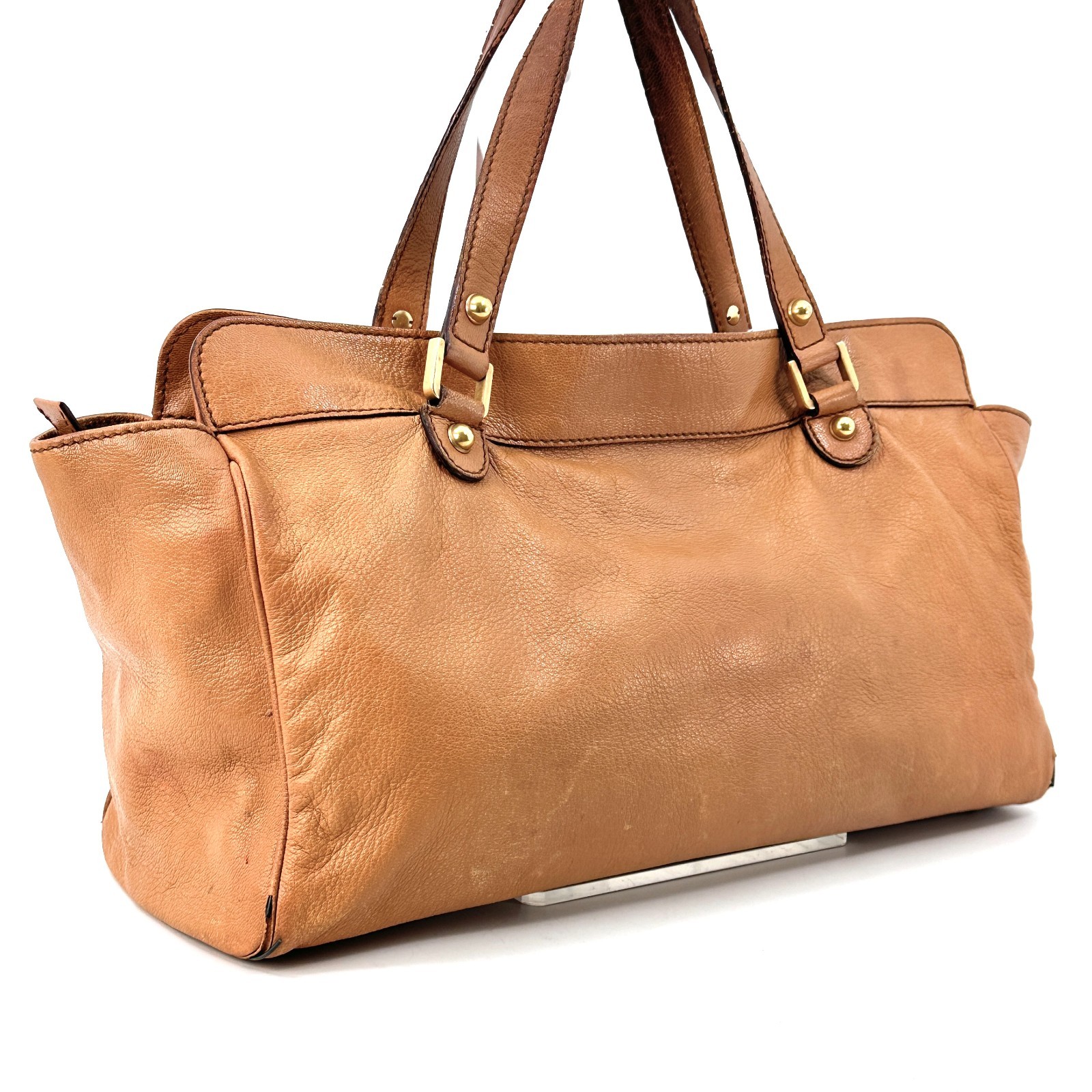 Gucci Interlocking G Blondie Studs Leather Hand Bag Beige Brown 121551 Authentic