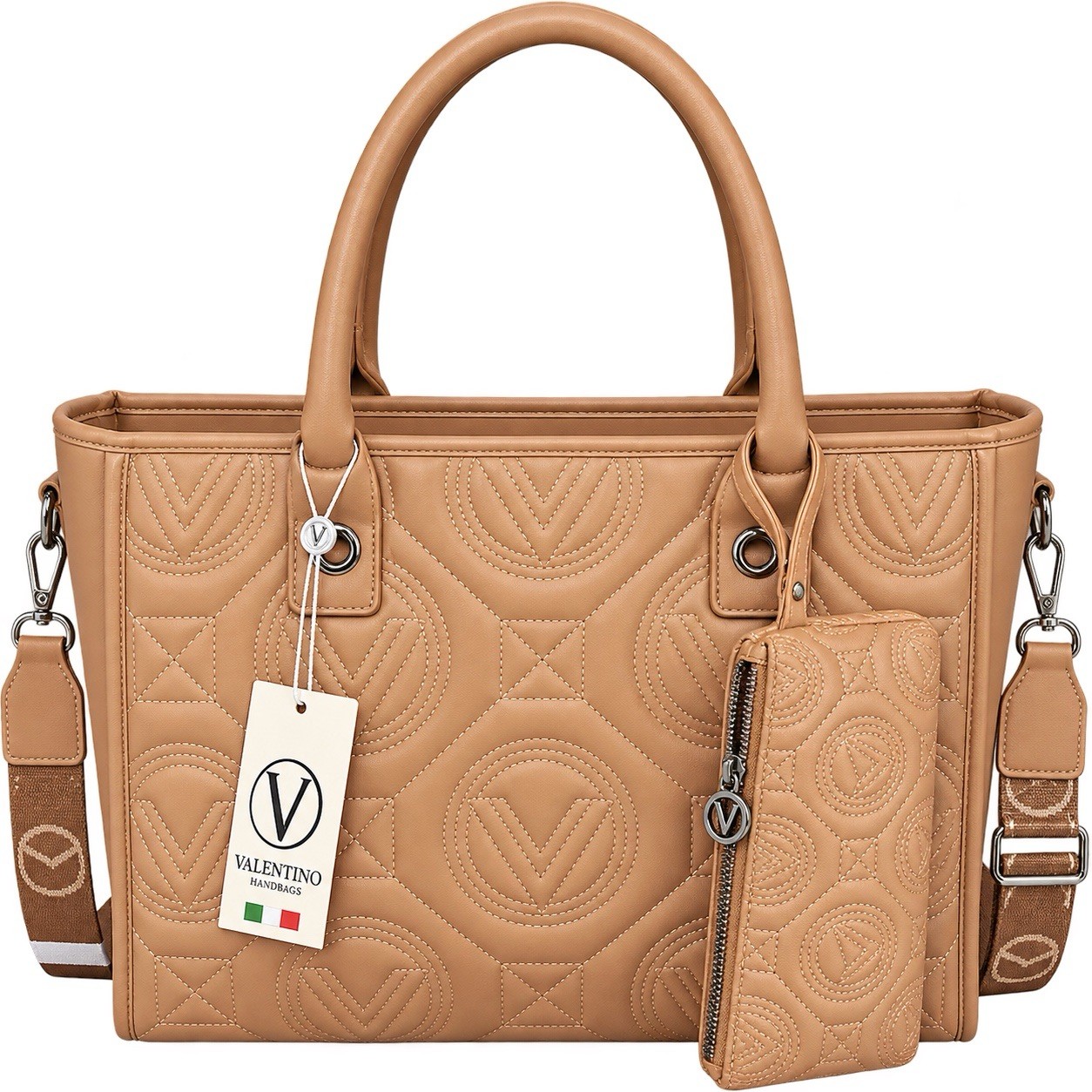 Valentino Beige Quilted V Logo Medium Satchel Top Handle, Zip, Silver, Strap