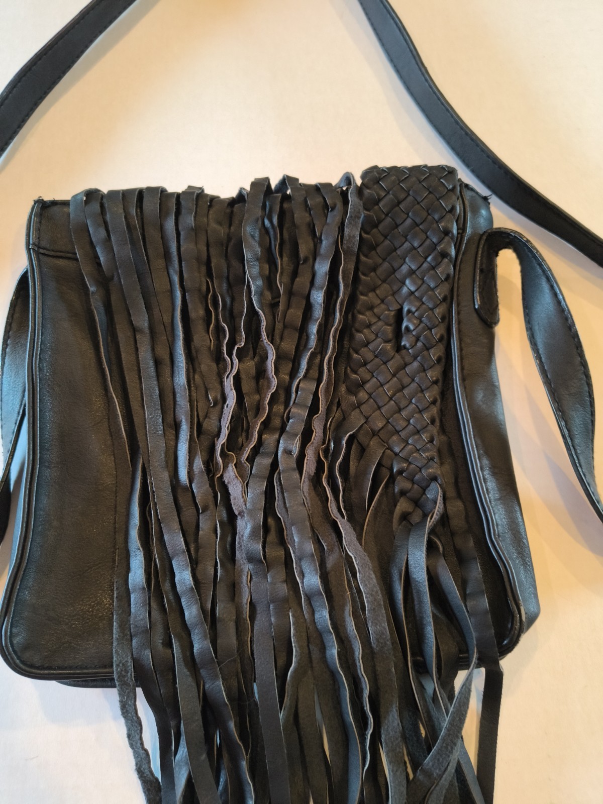 Fringe Black Faux Leather Crossbody Biker Purse No Closure Excellent