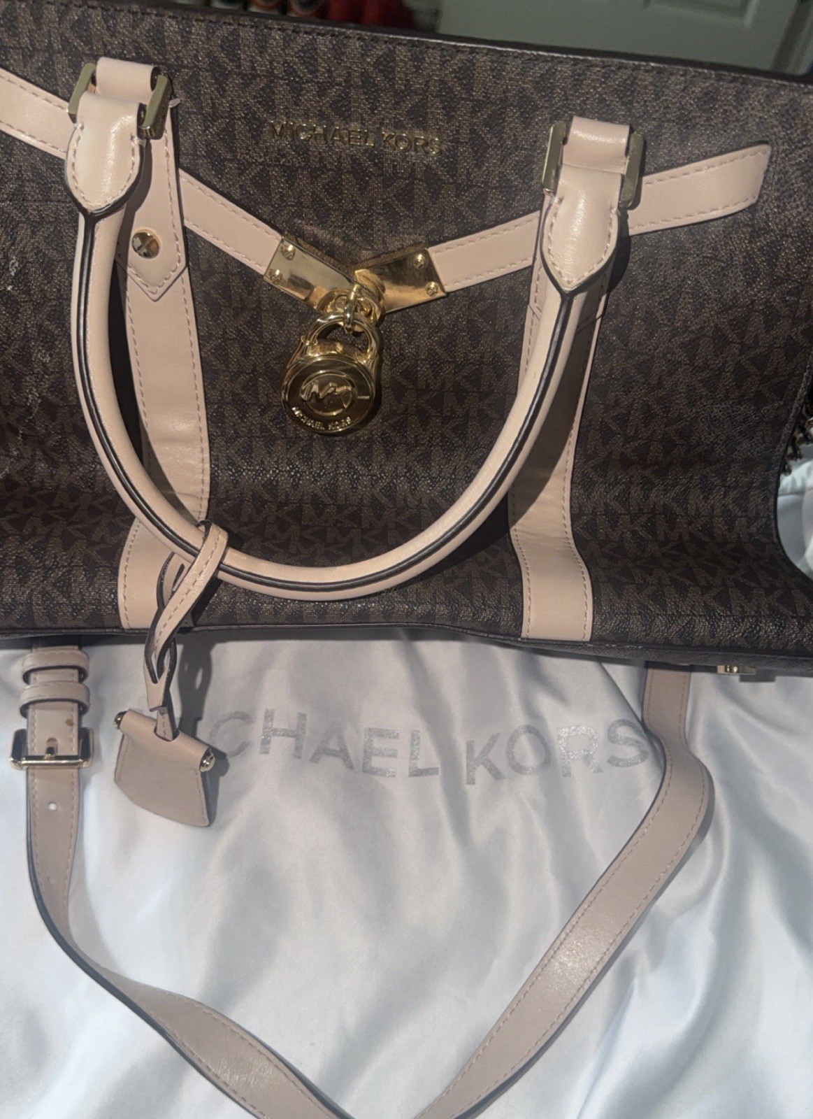 Michael Kors Brown Monogram Satchel Zip Top Handle Detachable Strap Gold Lock