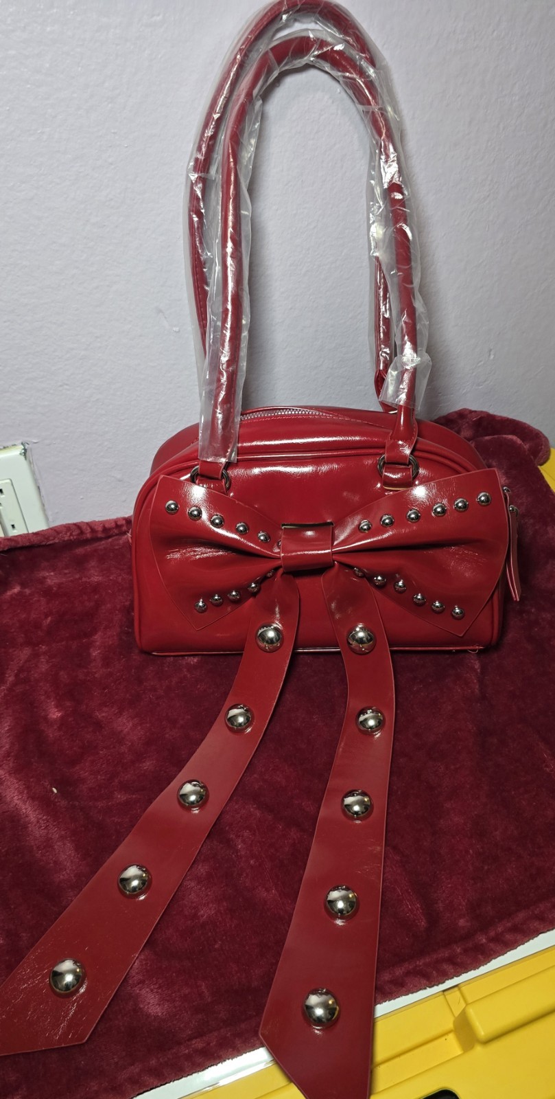 Red Patten Leather Studded Bow Shoulder Bag Purse