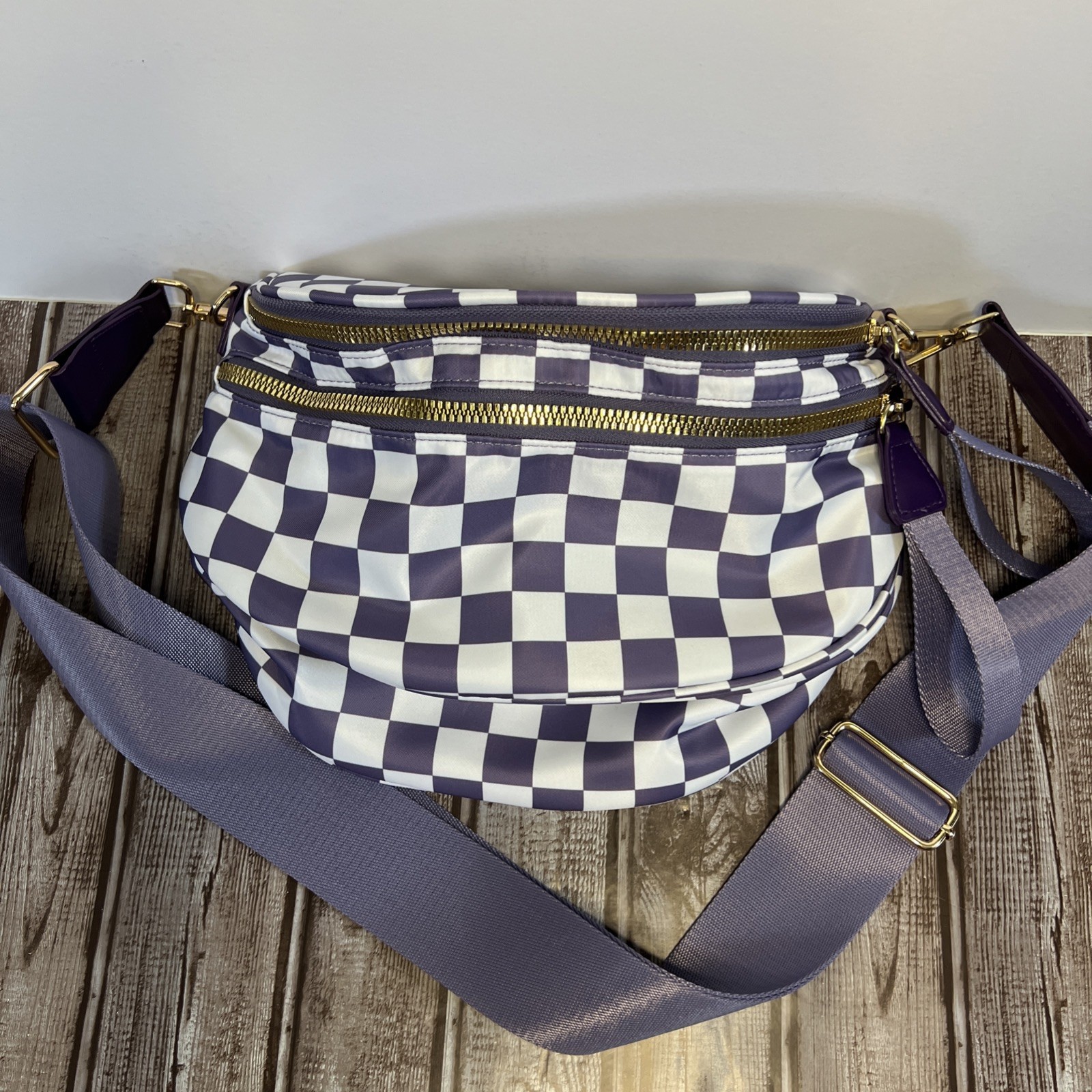 Purple White Checkered Crescent Crossbody Bag Gold Hardware Zip Adjustable Strap