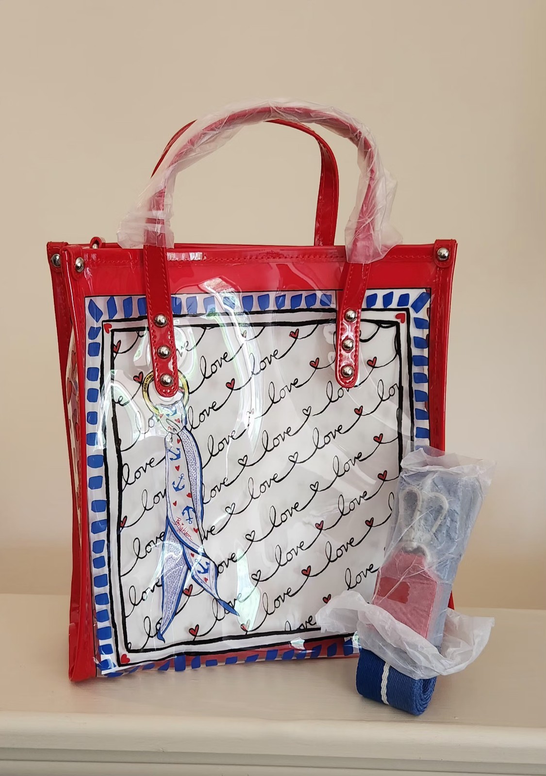 BRIGHTON Striped Love Vinyl Tote Crossbody Red White Blue Clear NEW MSRP $128