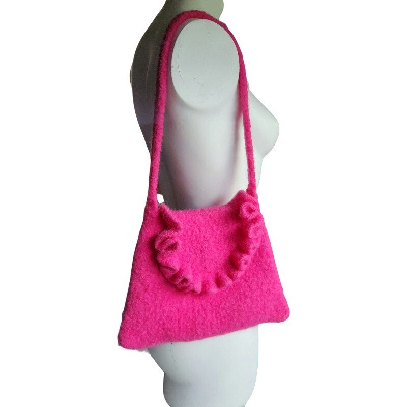 Hand Made Custom Pink Wool Hand Knitted Purse Bag Shoulder Purse