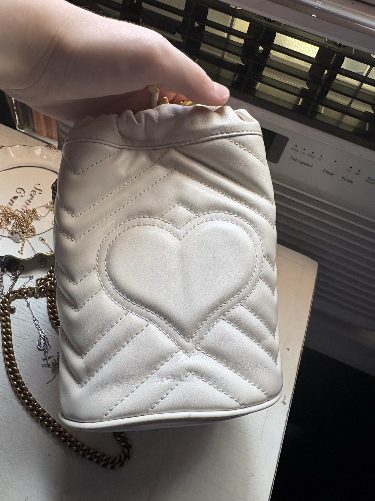 Gucci White Leather GG Marmont Mini Bucket Bag