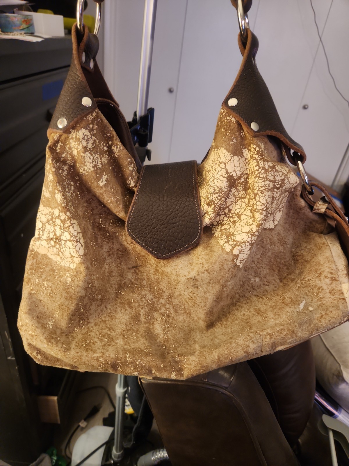 Vtg Tylie Malibu Distressed Crackle Metallic Suede Hobo Bag with Leather Accents