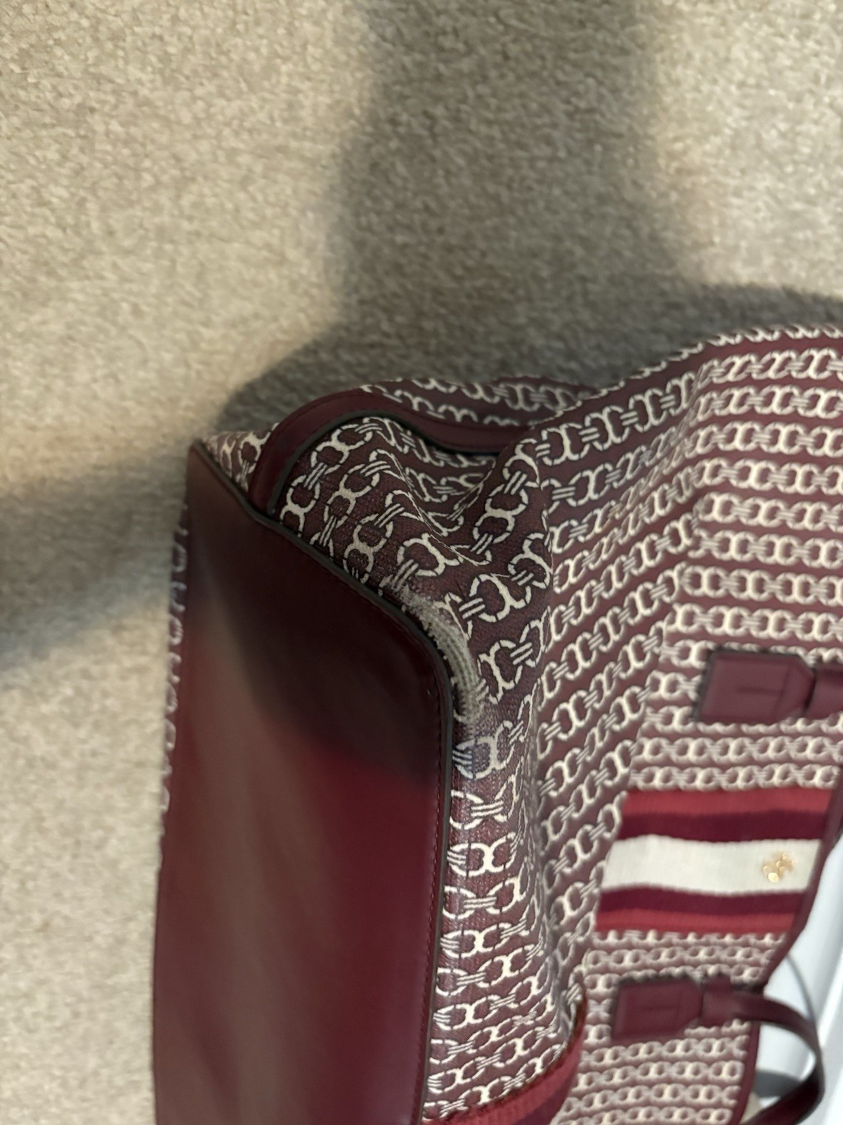 Tory Burch Burgundy/Cream Monogram Tote Double Handles Inner Pockets Gold