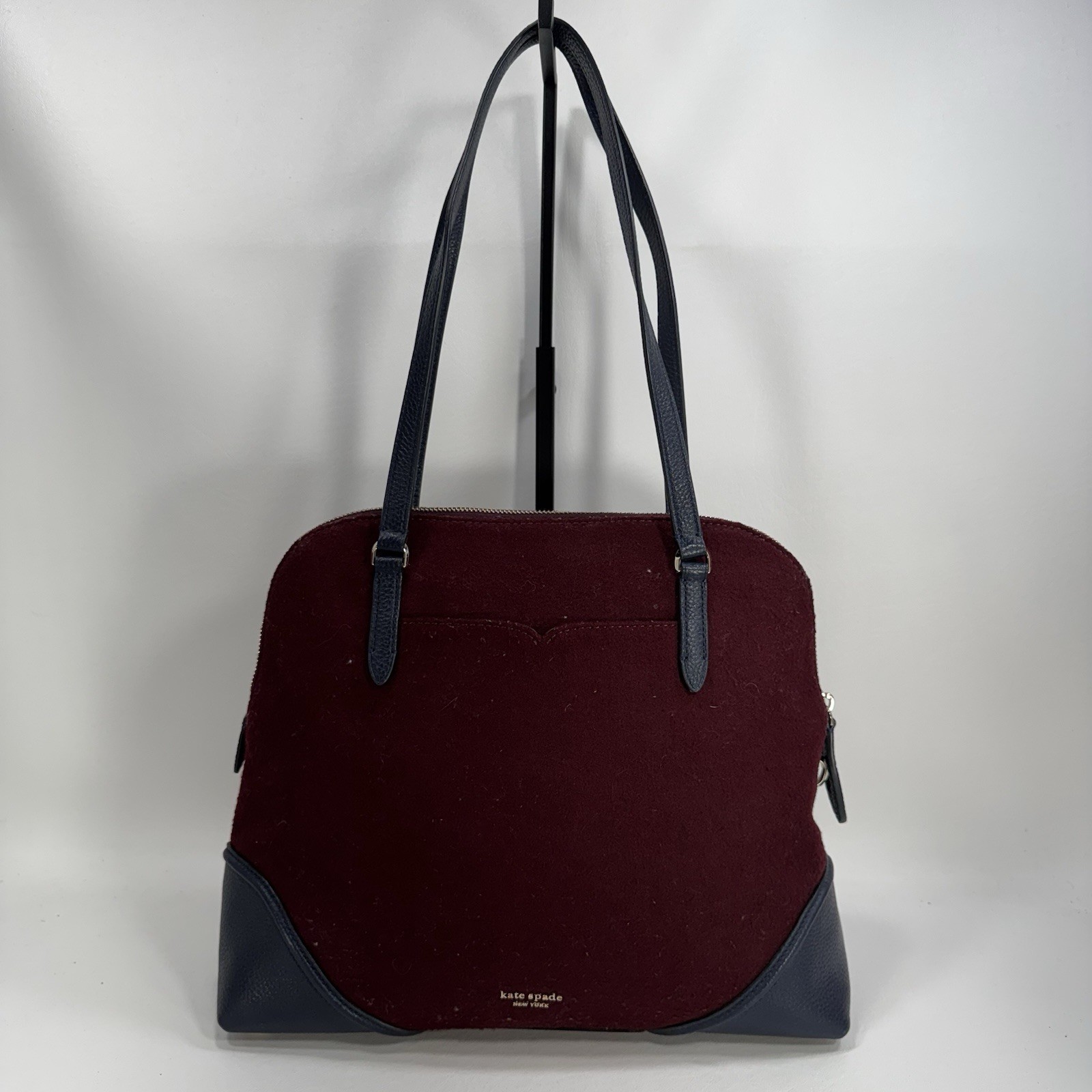 Kate Spade New York Burgundy Navy Cream Carolyn Felt Large Designer Shoulder Bag