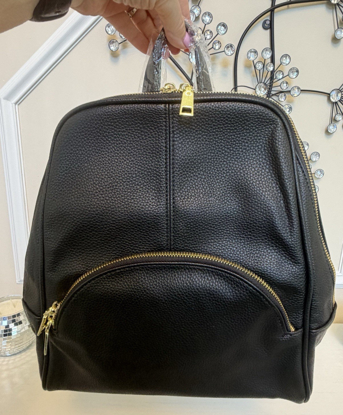 Scarleton Black Zip Backpack Purse Gold Hardware Outer Pockets Top Handle