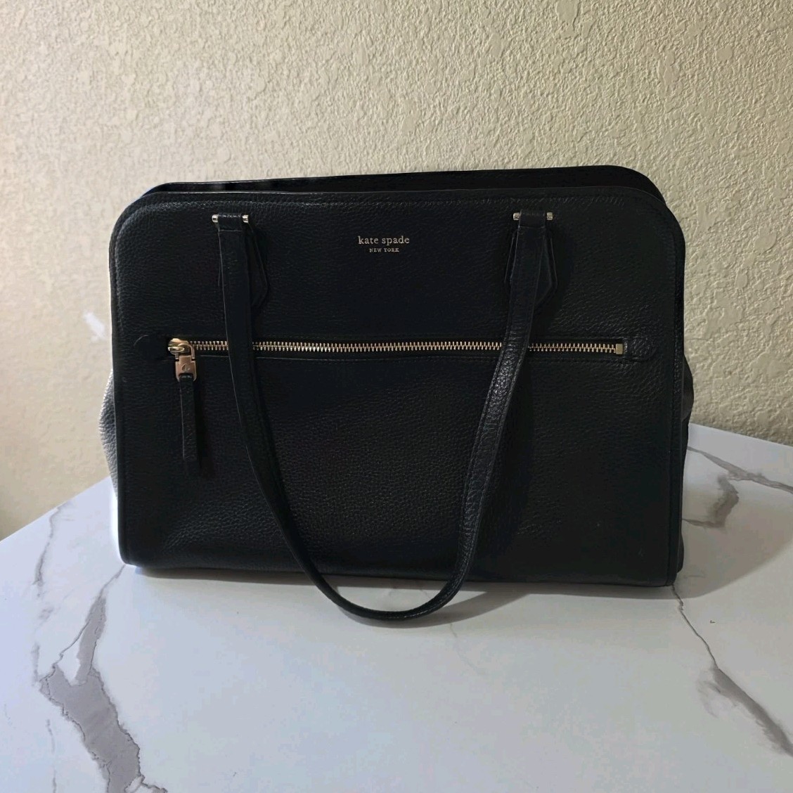 Kate Spade New York Black Pebbled Satchel Gold Hardware Zip Double Handles