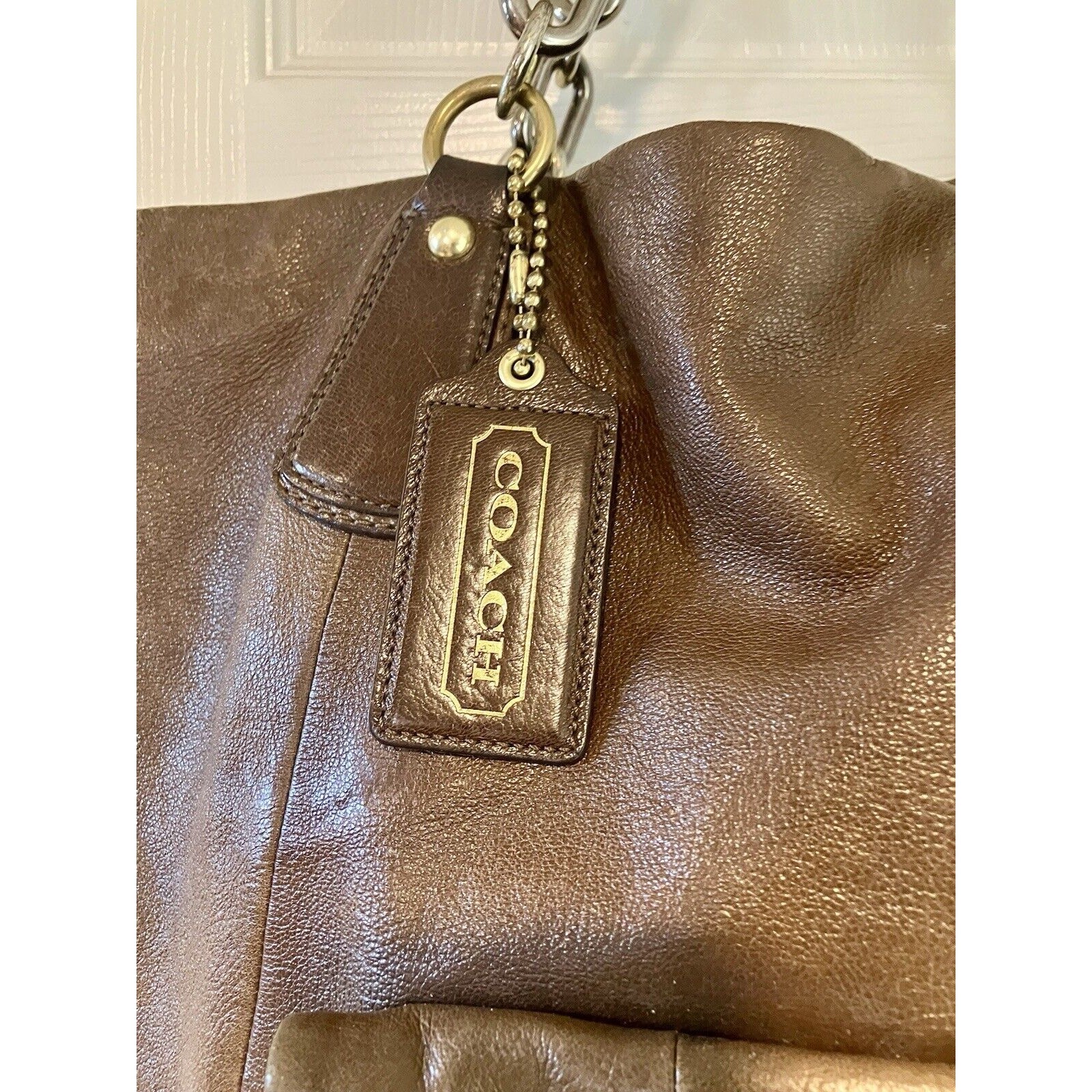 Y2K Coach Purse Kristin XL Brown Leather Gold Buckle Chain Tote Hobo Bag