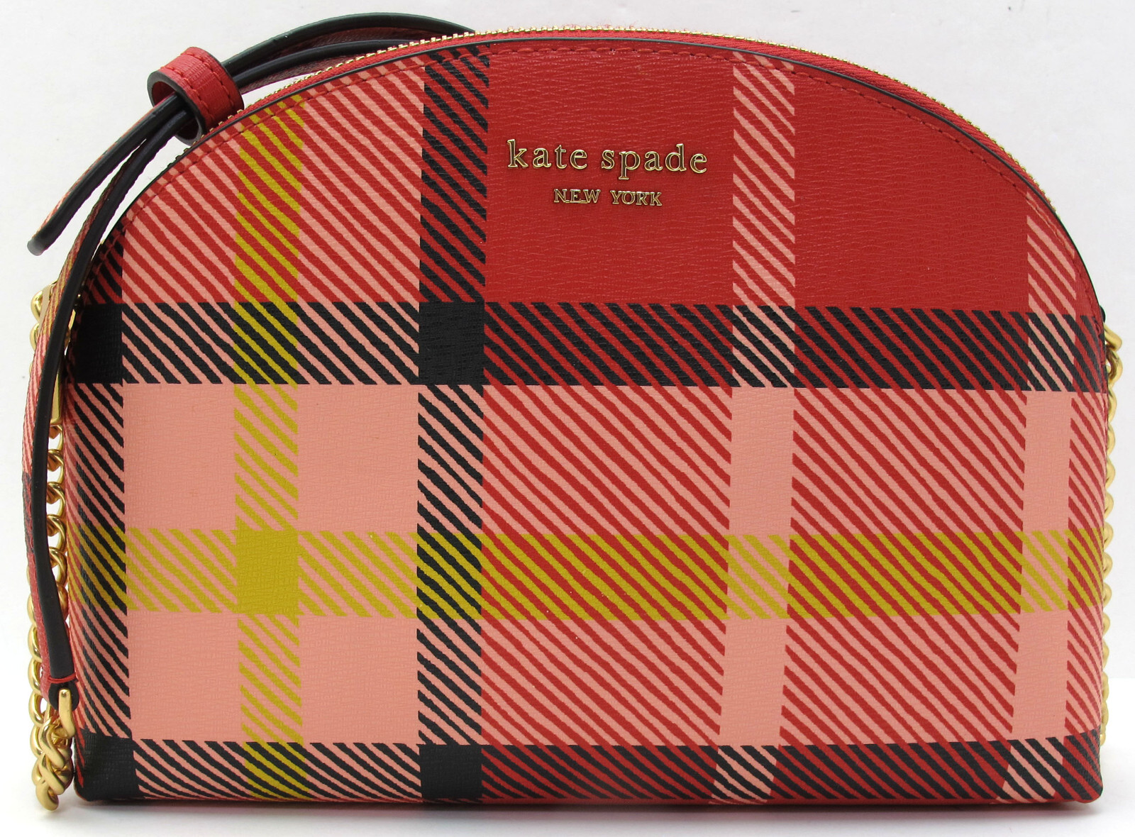 NEW KATE SPADE Morgan Leather Museum Plaid Double Zip Crossbody Red Multi Gold