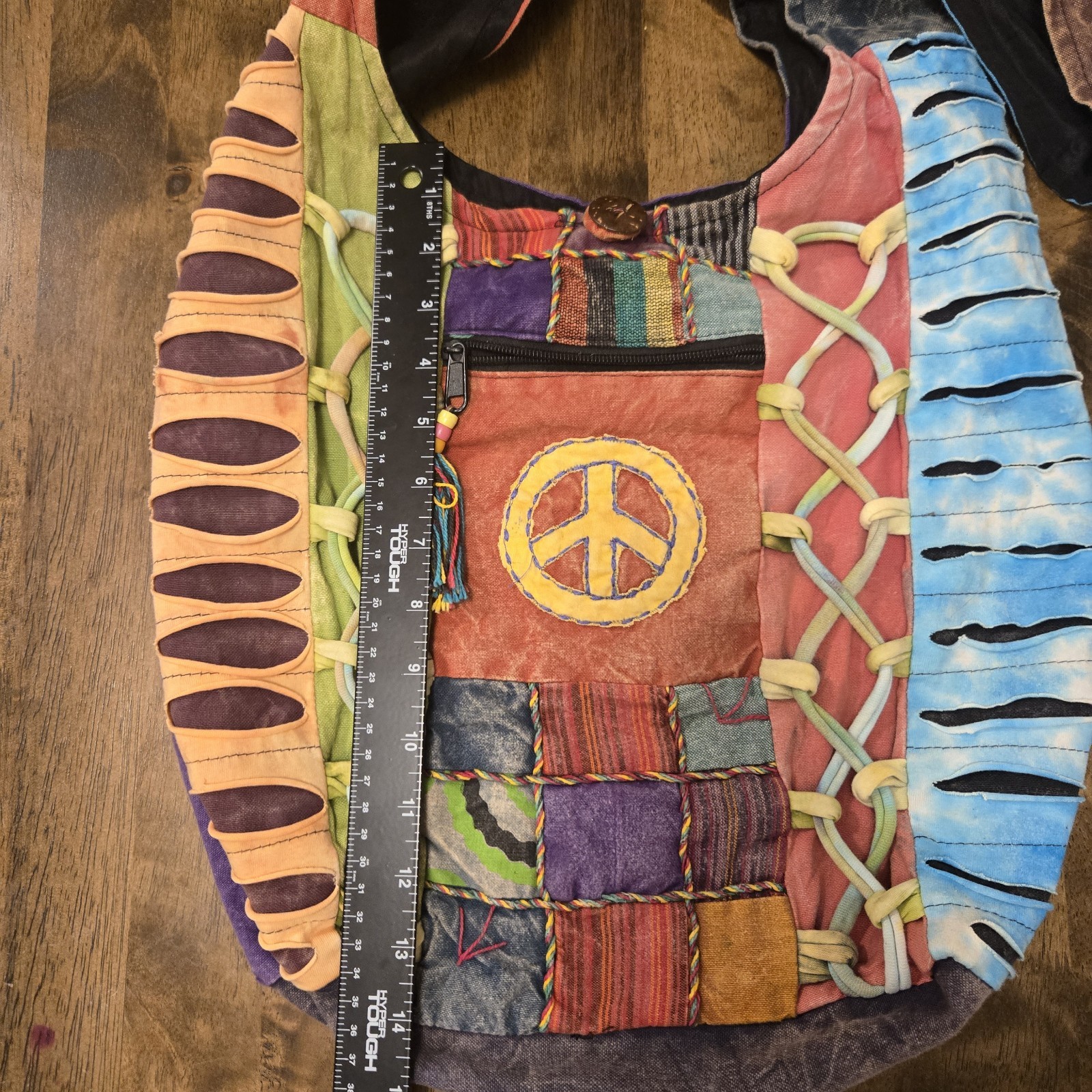 India Boutique Boho Hippie Sling Hobo Bag Peace Sign Colorful Patchwork Festival