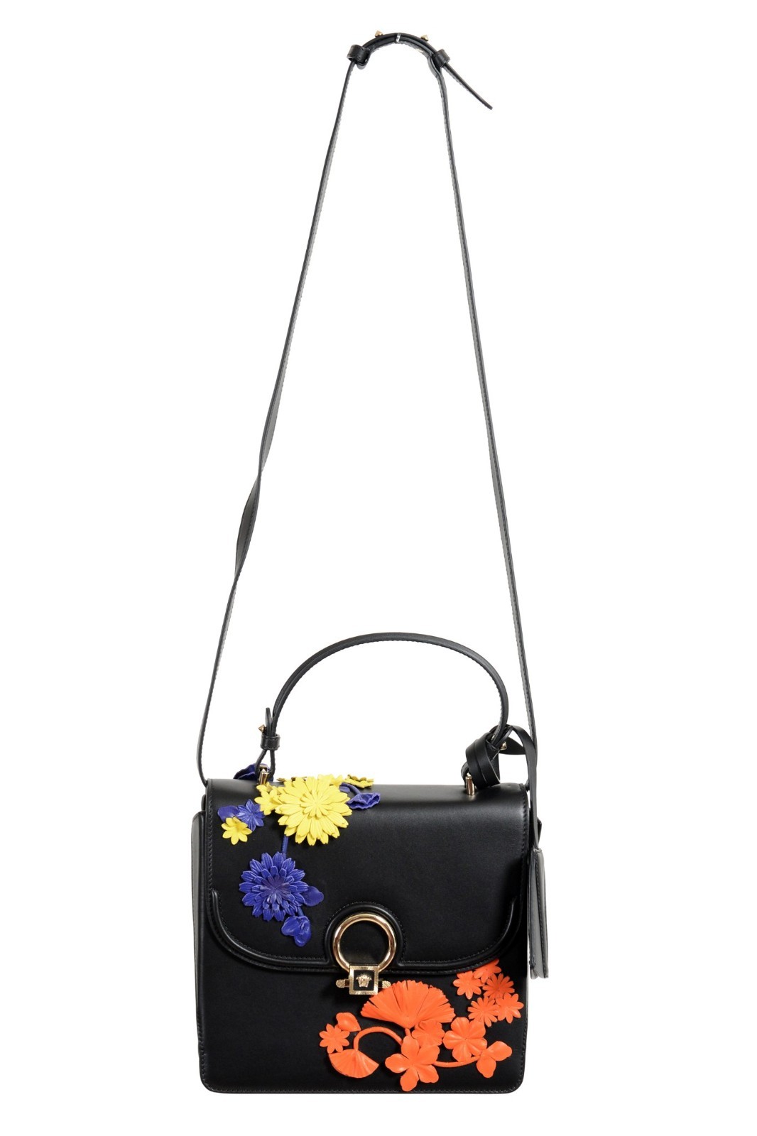 Versace Women’s 100% Leather Black Flower Embellished Handbag Shoulder Bag