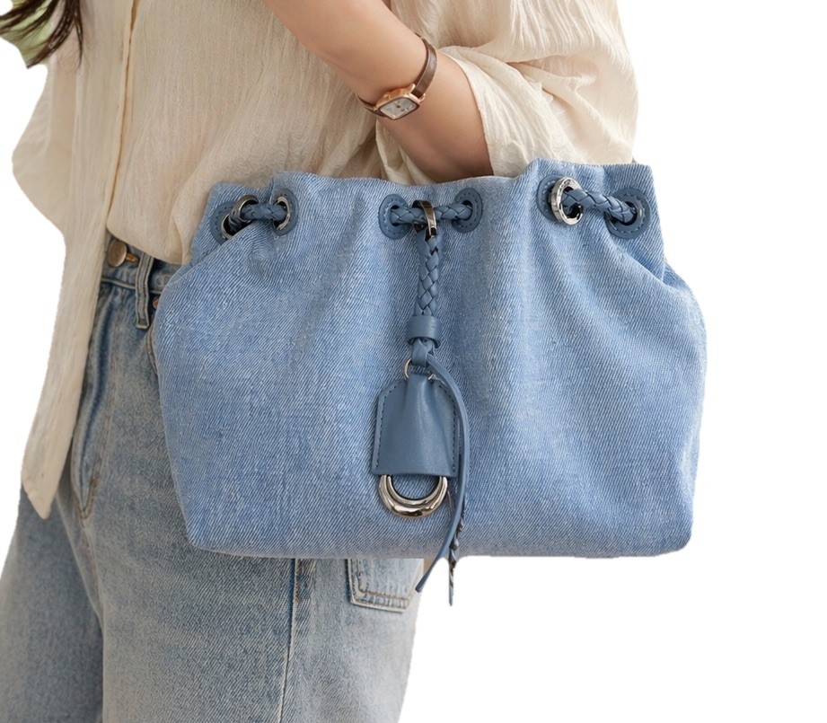 DEAR.M Denim Leather Bucket Shoulder Bag Blue w Strap Coin Pouch Charm NWOT