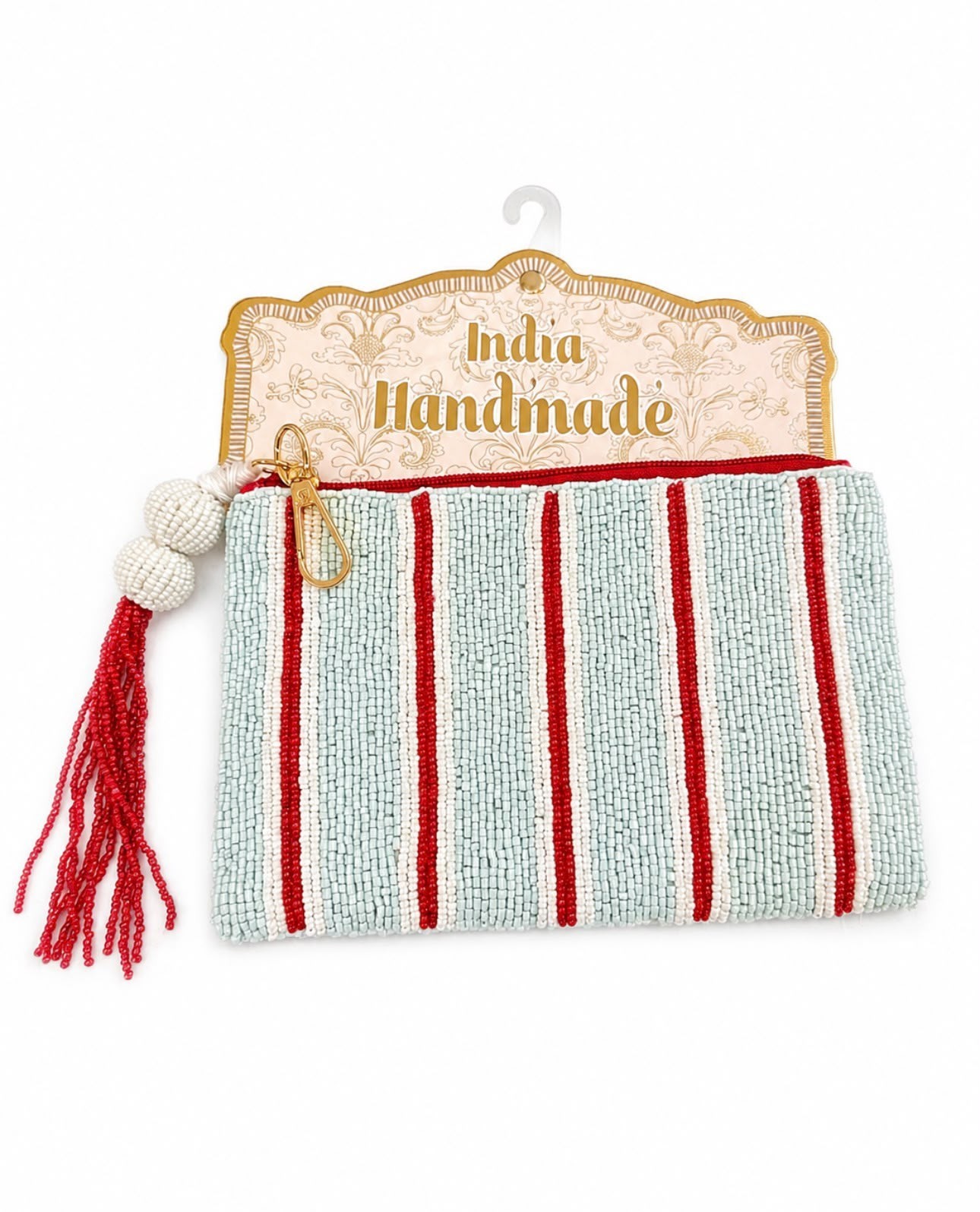 Indian Handmade Beaded Pouch Stripe Mint Red Tassel Zipper Clutch Fr Evening,