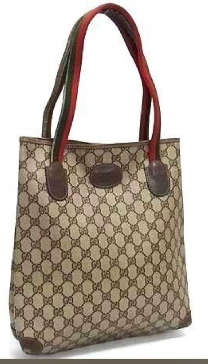 Gucci GG Pattern Tote Bag Double Handles Brown Beige Red Green Logo Accent