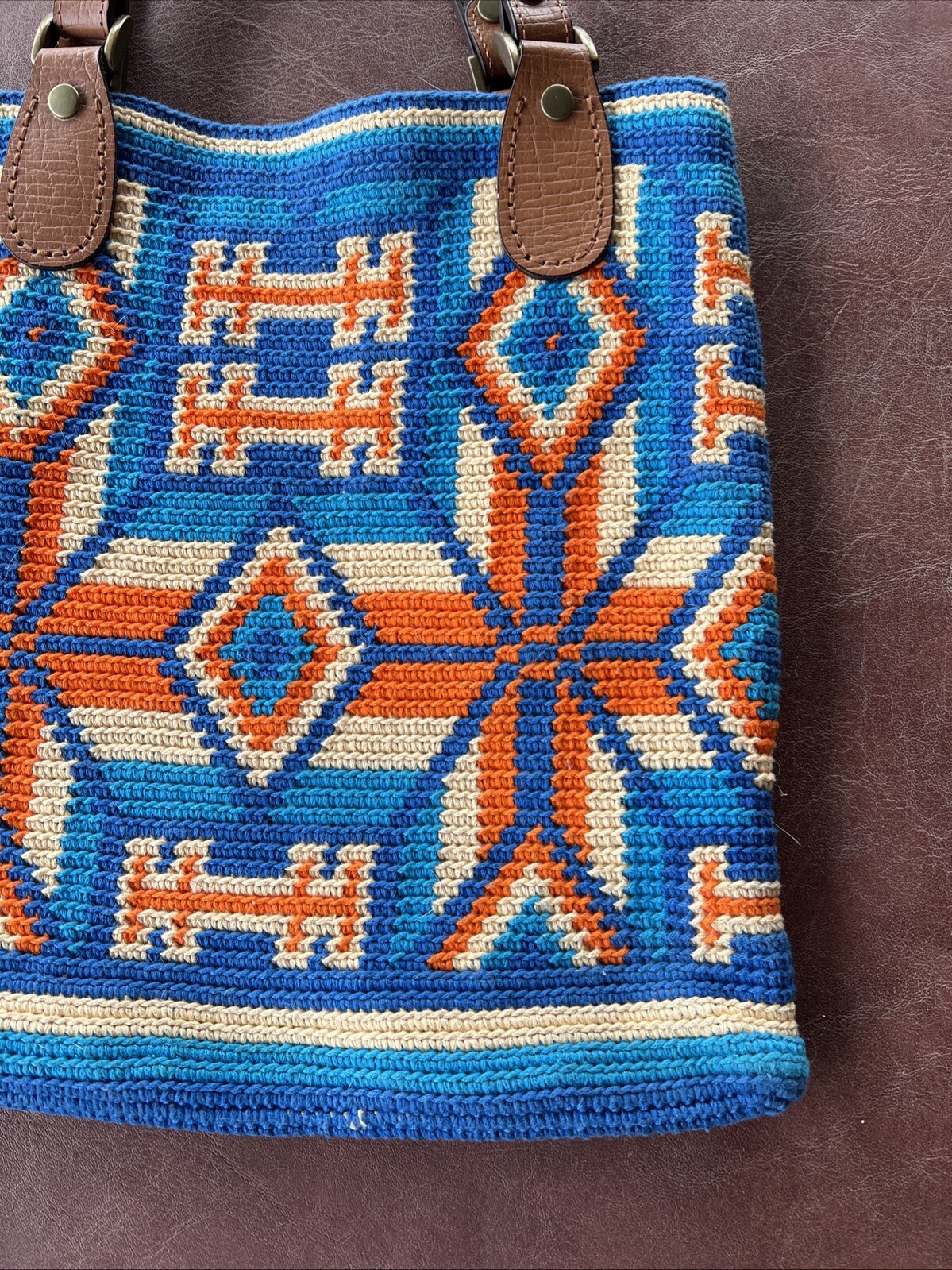 Tapestry Crochet Mochilla Bag Cotton Leather Handles Unlined