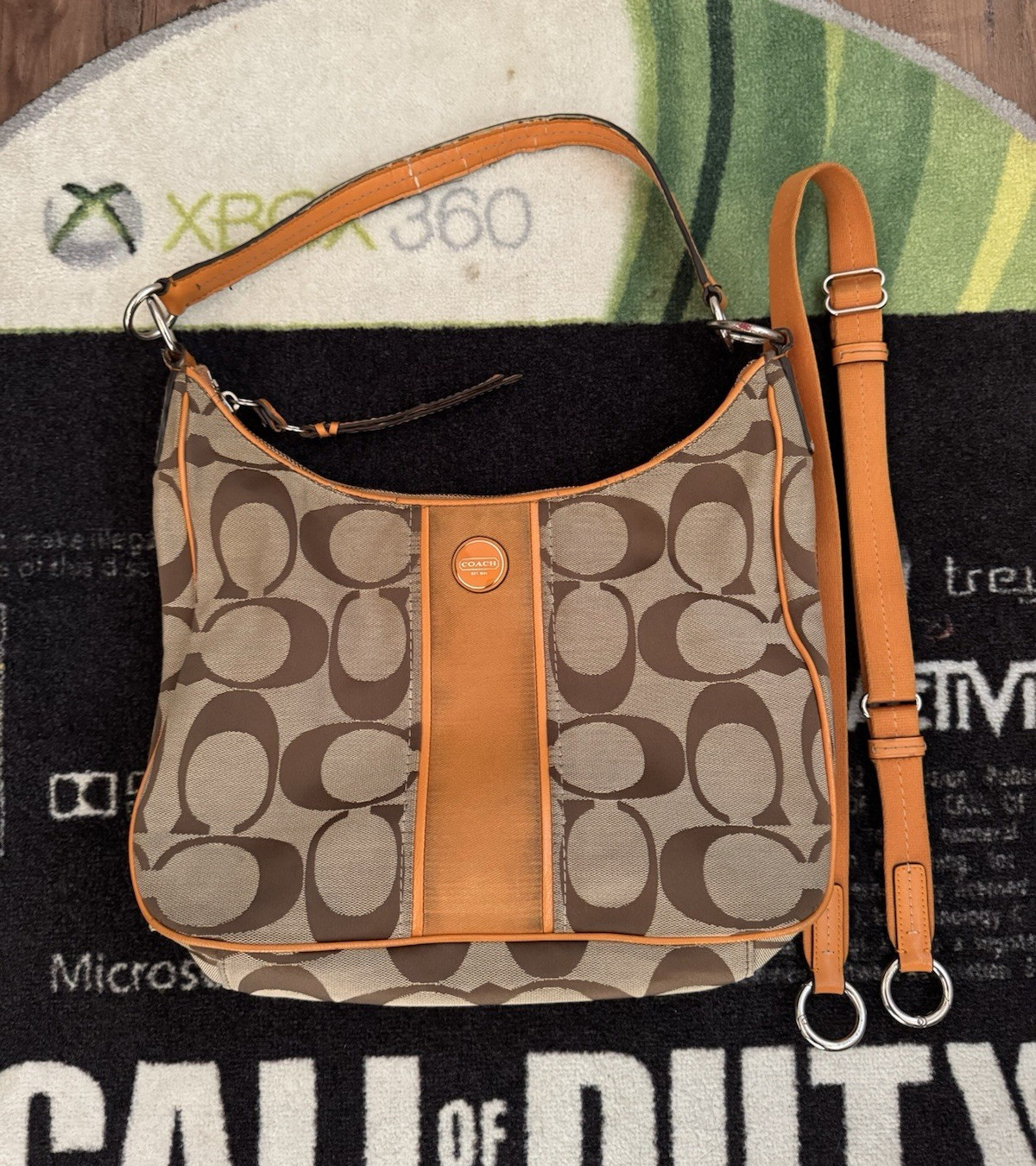 Coach Signature Monogram Shoulder Bag Zip w/ Detachable Adjustable Strap Tan