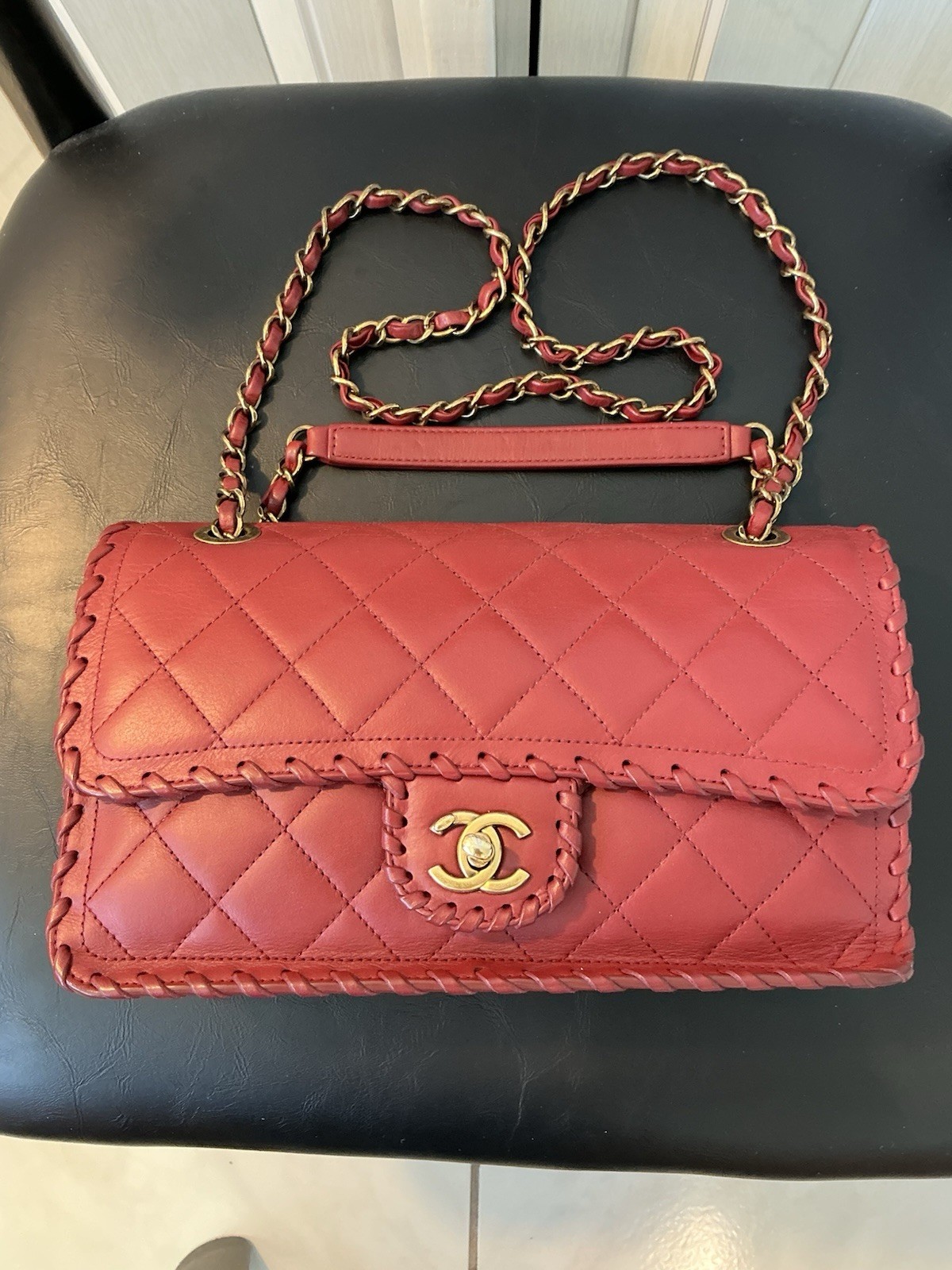 CHANEL Red Quilted Flap Shoulder Bag Chain Strap Snap Closure CC Small Gold