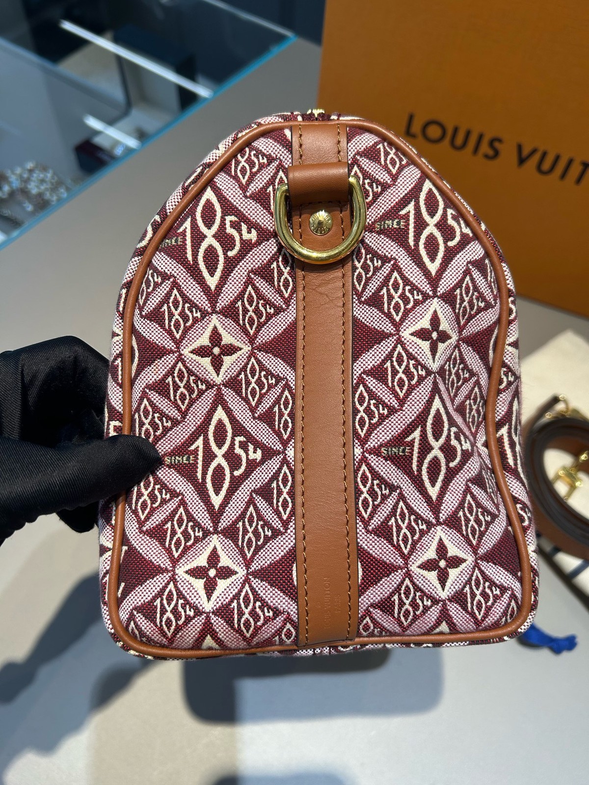 LOUIS VUITTON Speedy Bandouliere 25 Since 1854 Jacquard Burgundy GHW Auth RARE
