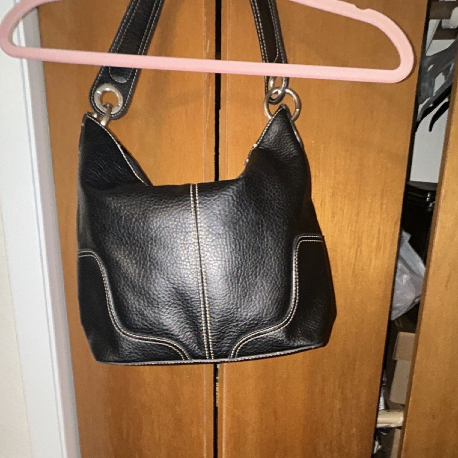 Tommy Hilfiger Black Pebbled Hobo Bag for Women Silver Hardware Stitching Tassel