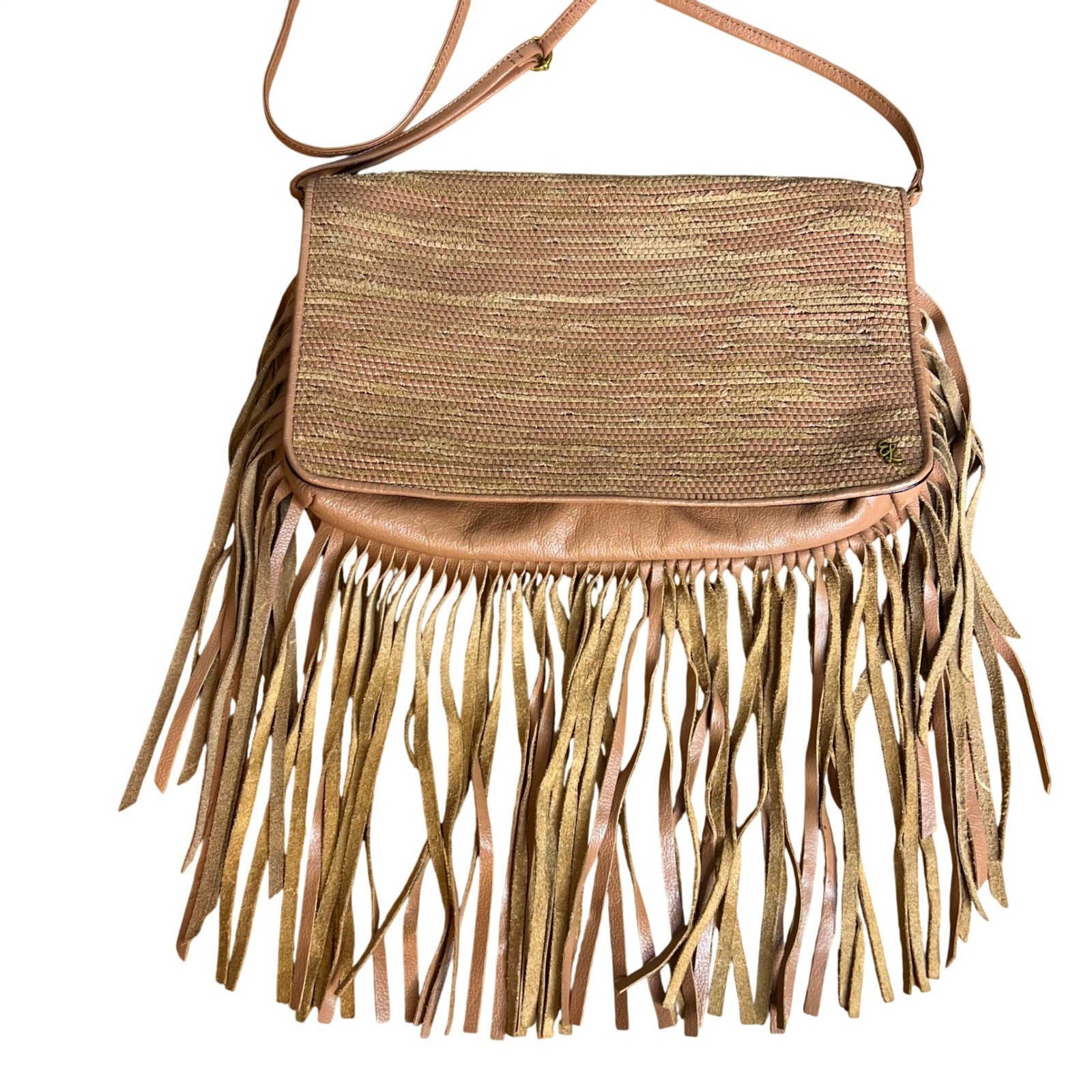 Elliott Lucca Fringe Crossbody Bag Woven Straw Leather Tan Boho Hippie