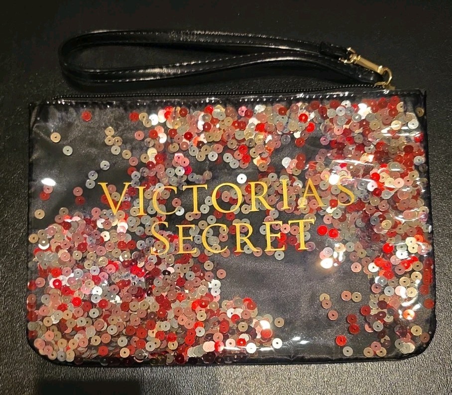 Victoria’s Secret Wristlet Black w/Multicolored Sequins Filled 9″x6″x1/2″