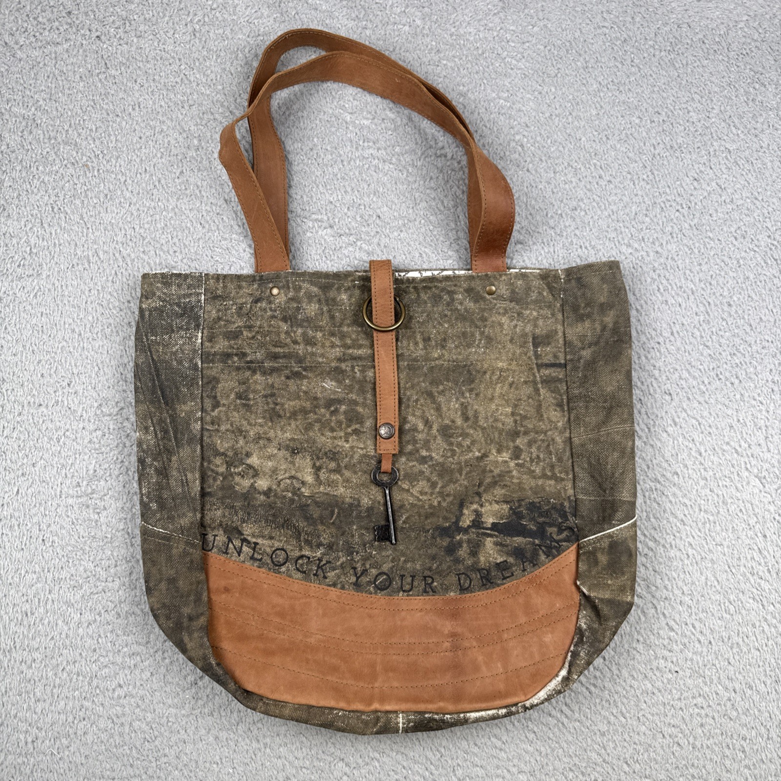 Mona B Unlock Your Dreams Recycled Canvas Tote Bag Distressed Washed Look EUC