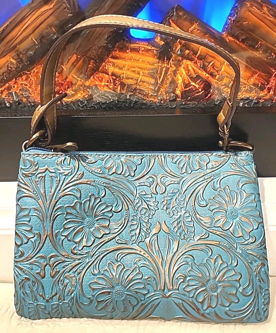 Justin Boots Small Purse Handbag Embossed Floral Turquoise Gold 8.5 x 6 inches