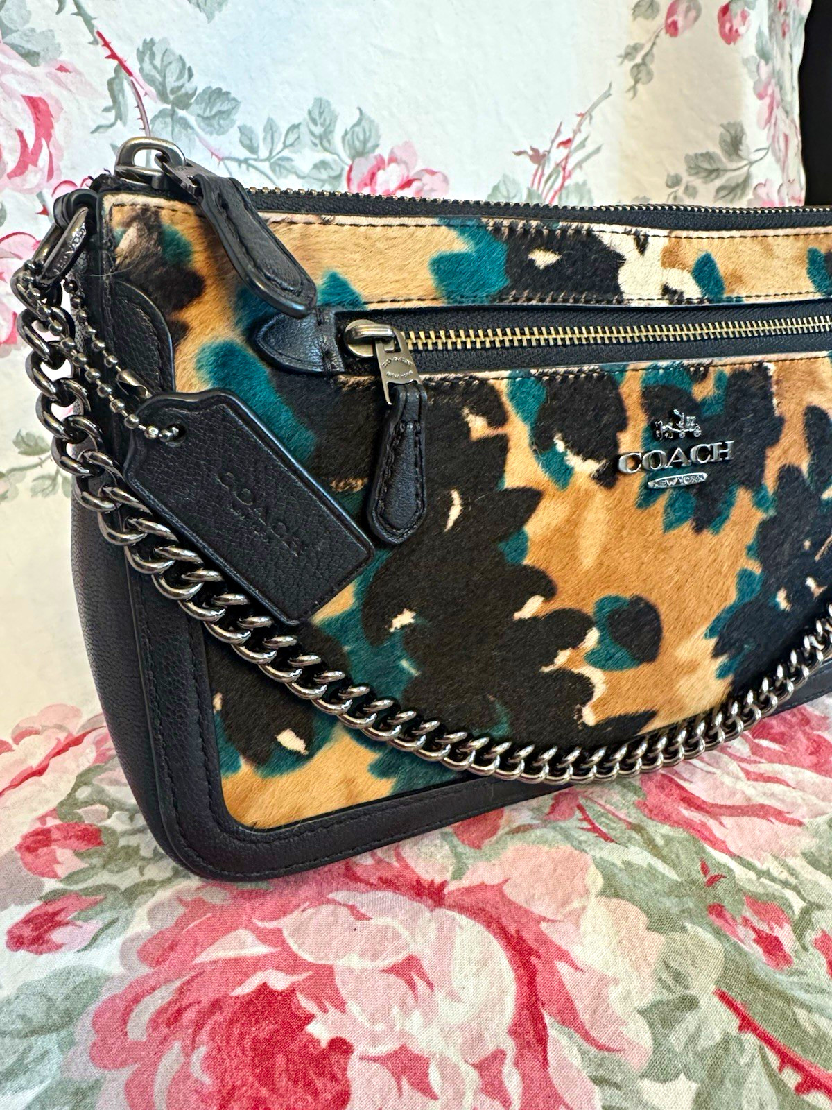 Coach Floral Small Shoulder Bag Zip Closure Chain Strap Tan Black Teal Charm