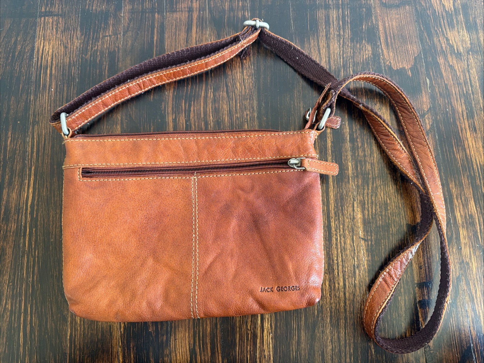 Jack Georges Voyager Leather Crossbody Bag Brown Slim Travel Purse Zip Pre-Owned