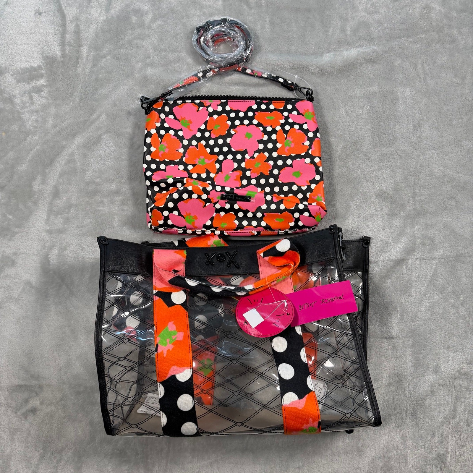 Betsey Johnson XOX Clear Tote & Crossbody Bag Set NWT Floral Polka Dot