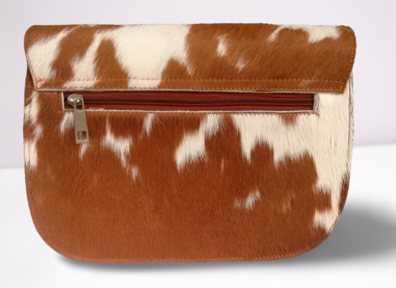 Flap Close Brown & White Cowhide Shoulder Bag D Style Wedding Party Clutch Purse