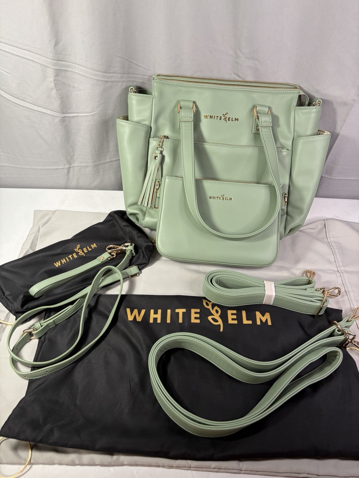 White Elm Tote Bag Sage Green With Clutch Purse/ Almond Lining/BRAND NEW