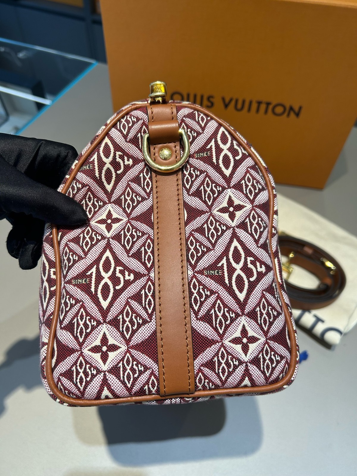 LOUIS VUITTON Speedy Bandouliere 25 Since 1854 Jacquard Burgundy GHW Auth RARE