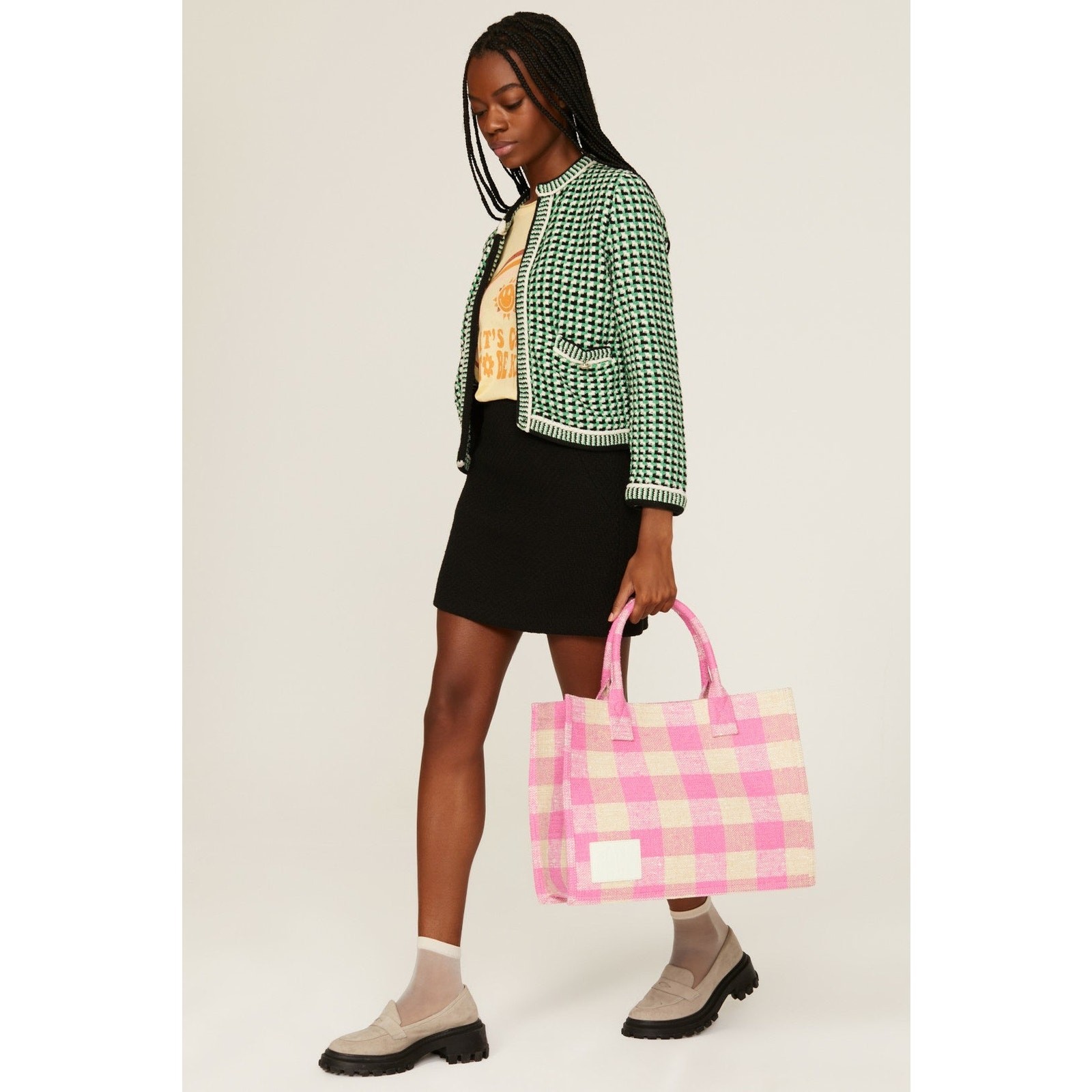 SANDRO Women’s Beige Pink Rose Gingham Checkered Tote Bag