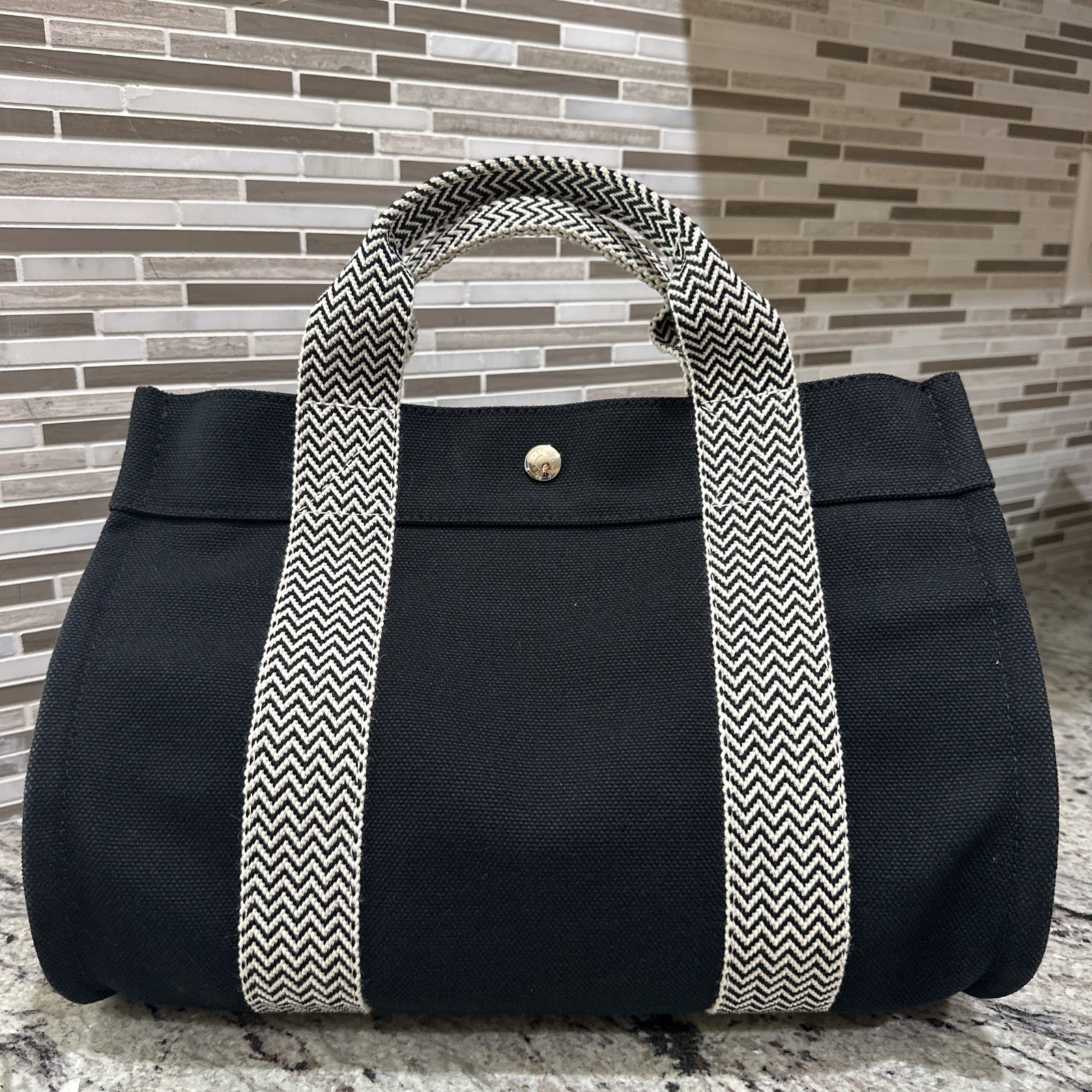 Hermès Cannes PM Cotton Denim Canvas Black White Tote Handbag France