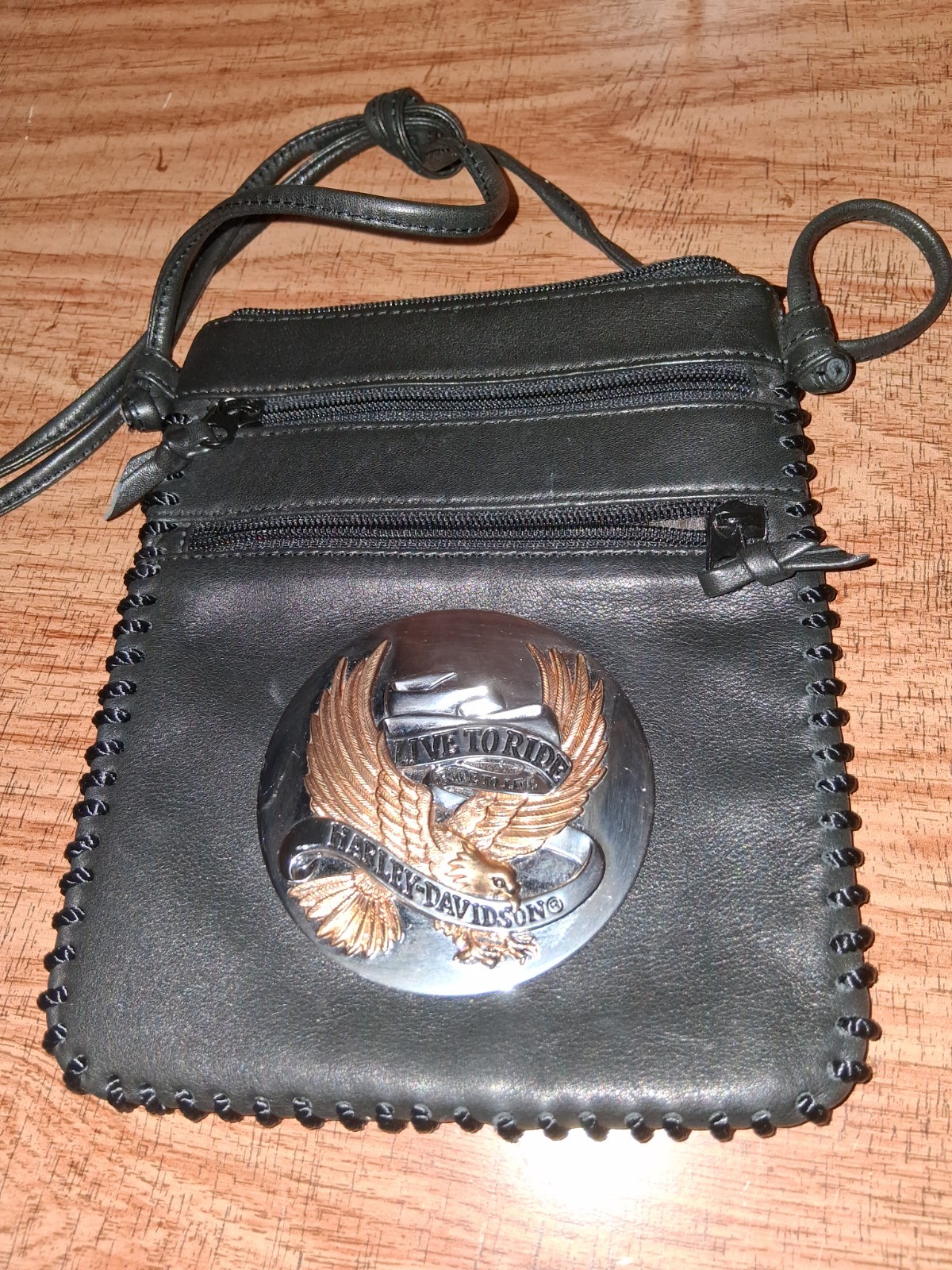L.J.S Collection Leather Shoulder Bag with Stick On Harley Davidson Medallion