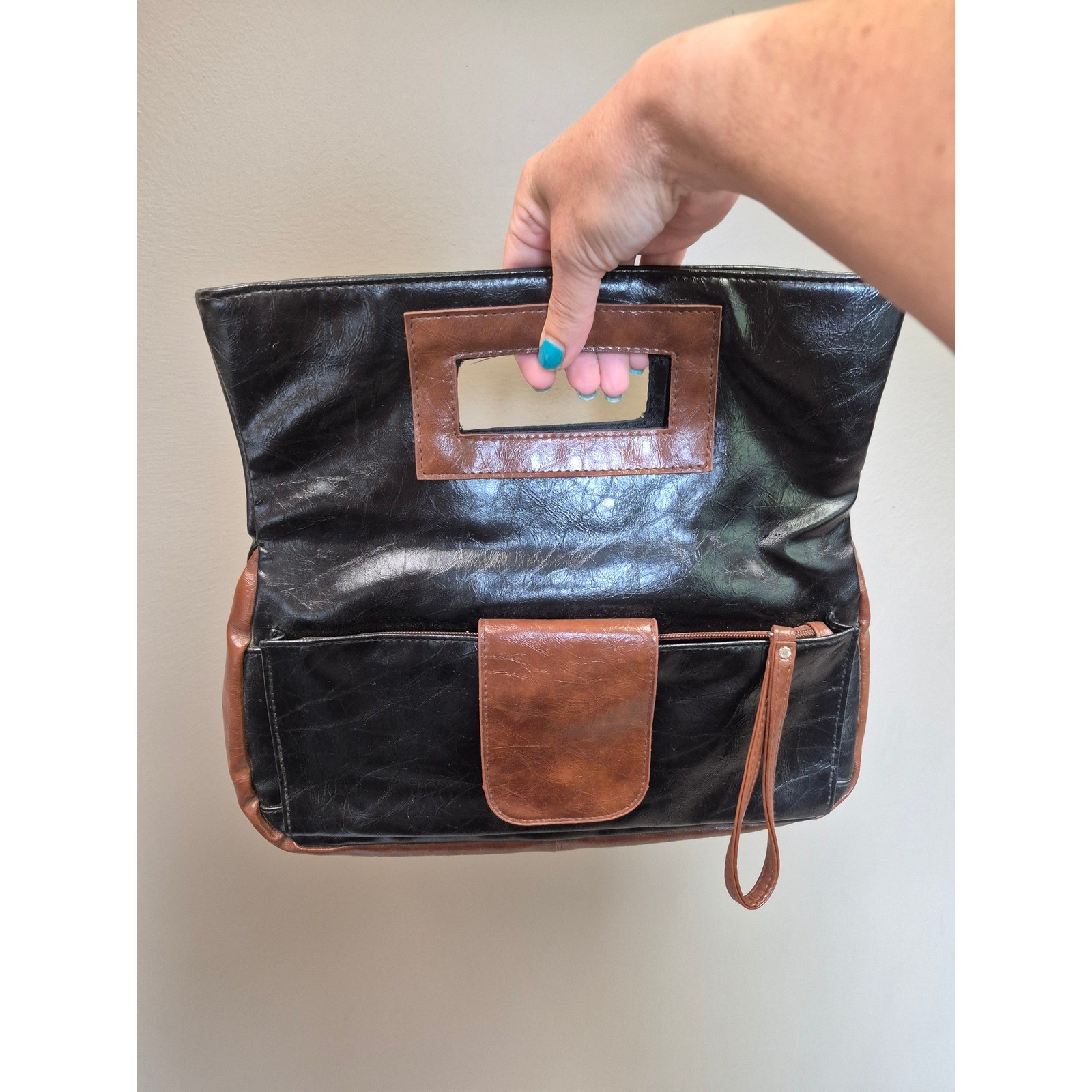 Giannini Fold Over Clutch Wristlet Black Brown Faux Leather Handbag Vintage