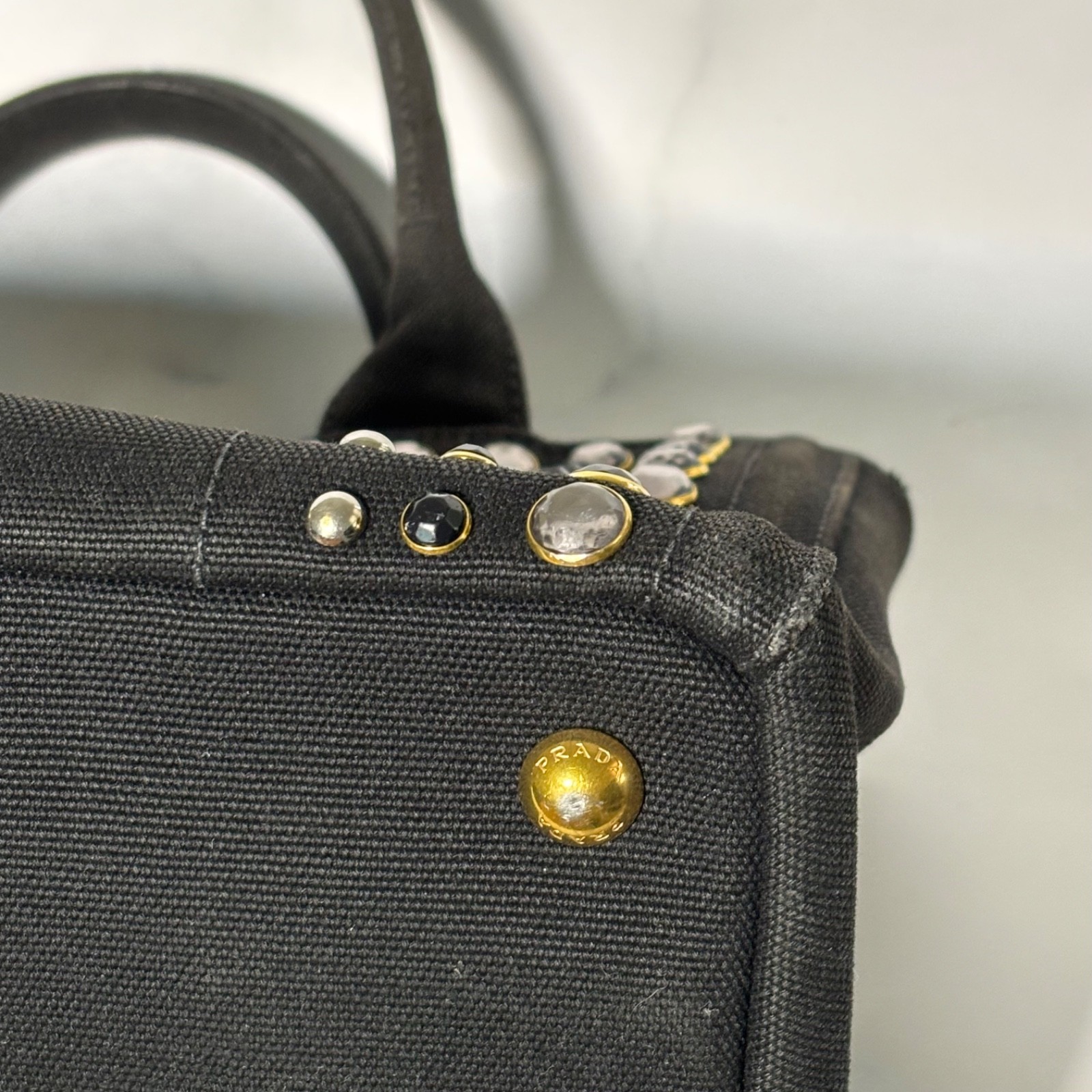 PRADA Canapa tote 2WAY Shoulder Bag Bijou Studs Tote Bag canvas Nero (Black)