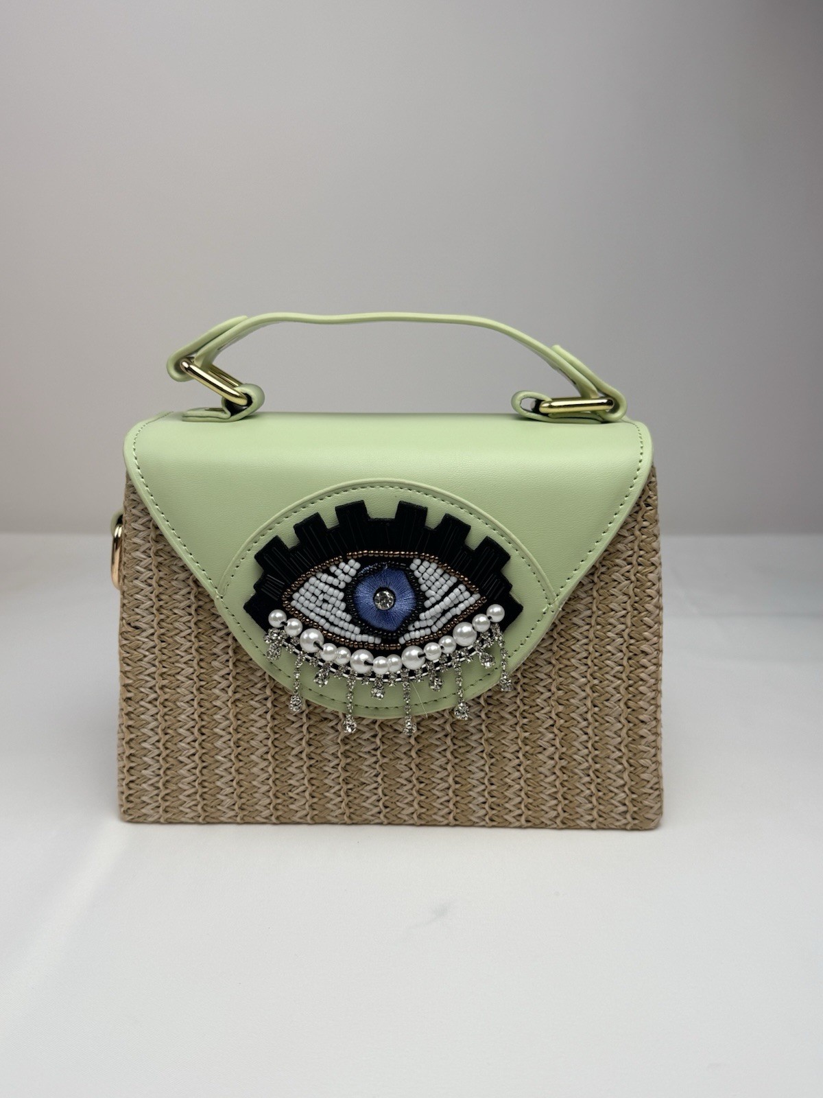 Women’s Evil Eye Woven Straw Texture Rhinestone & Pearl Embellished Crossbody