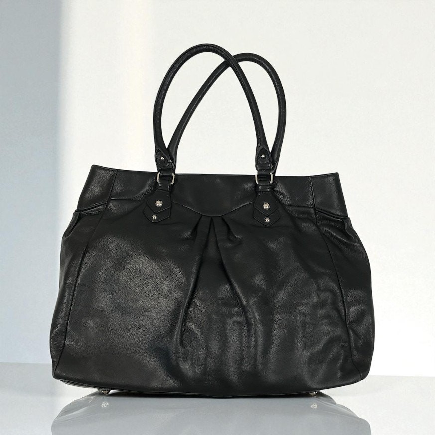 PERLINA NEW YORK Leather Tote Shoulder Bag Black Office Business Everyday Travel
