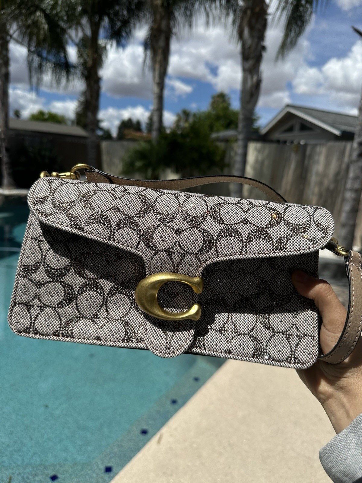 Coach Small Signature Logo Monogram Shoulder Bag Beige Brown Turn Lock Gold