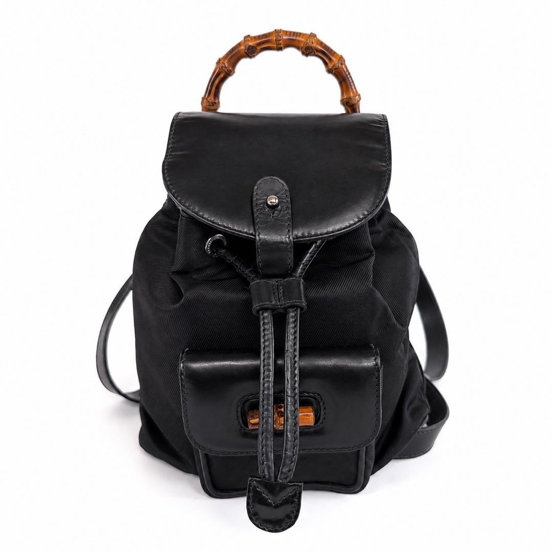 GUCCI Bamboo Backpack Black Nylon Leather Size: W7.9xH10.2 in. Vintage
