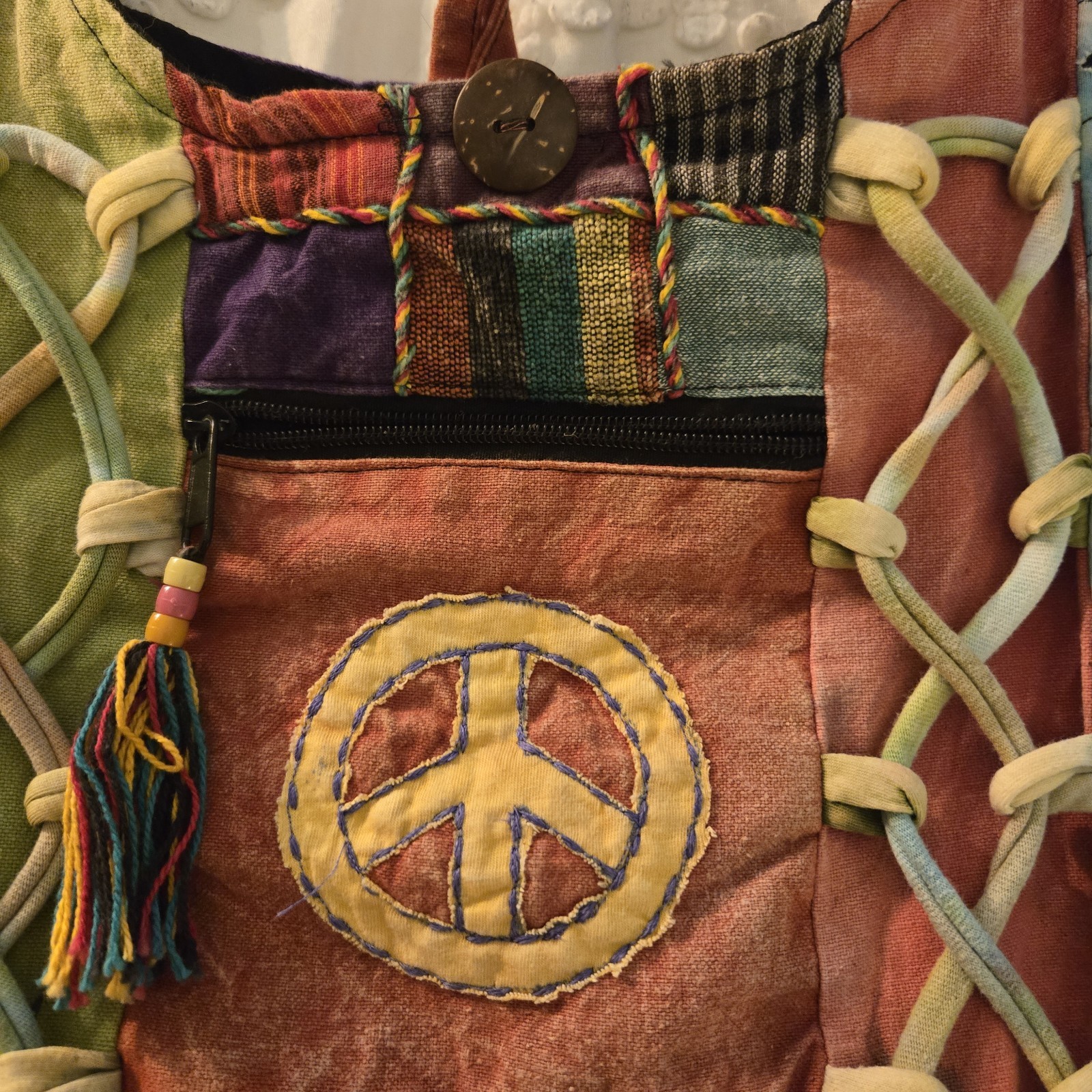 India Boutique Boho Hippie Sling Hobo Bag Peace Sign Colorful Patchwork Festival