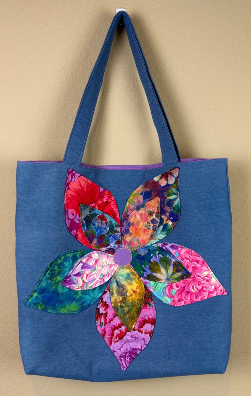 NEW Homemade Denim Lined Tote Bag w/ Multi-Colored Floral Design